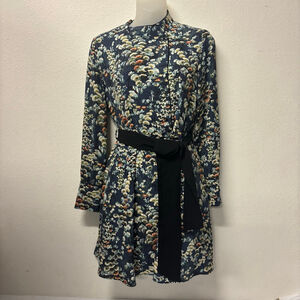 Women's Zara sz small Navy Floral Long Sleeve Dress with Black Belt Asian inspo